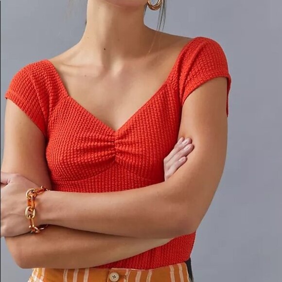 Maeve by Anthropologie Gathered Sweetheart Textured Top Red/Orange Small - Picture 1 of 4
